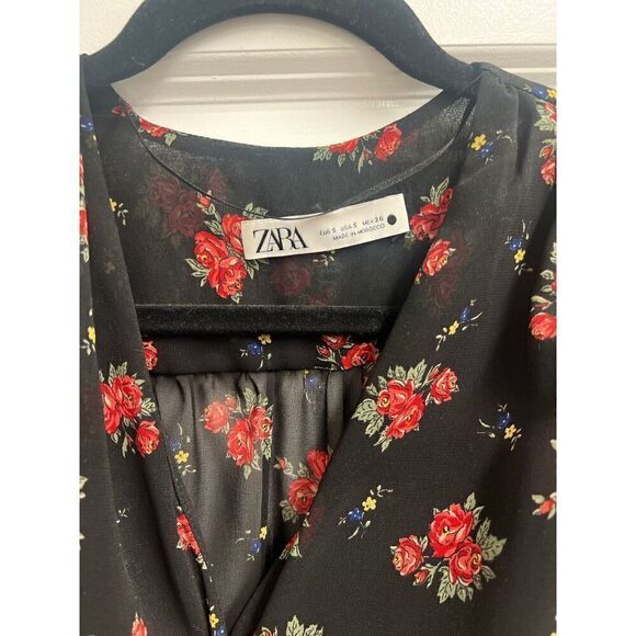 Zara Black Floral Ruched Mini Dress with Sleeves size S - Picture 3 of 6